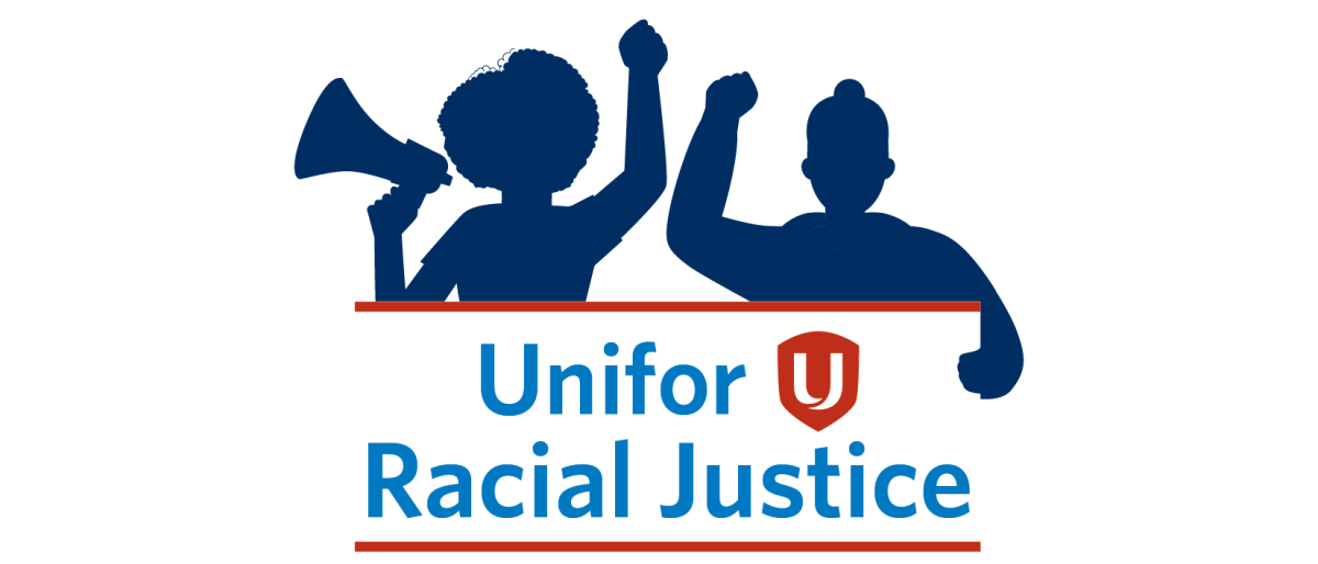 Two silhouettes of a woman with her fist in the air and a megaphone and a man with his hand up in the air.