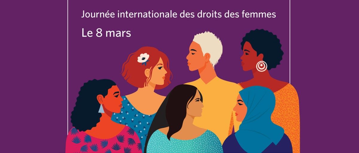 Un groupe diversifié de femmes avec le texte Célébrons l'équité Journée international des femmes