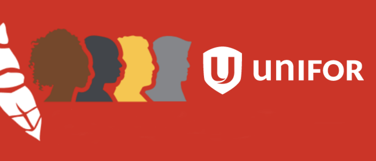 Silhouettes of People of Colour with red background and white Unifor shield logo.