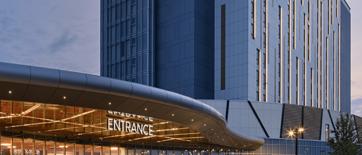 Photo of the exterior of a casino at twilight