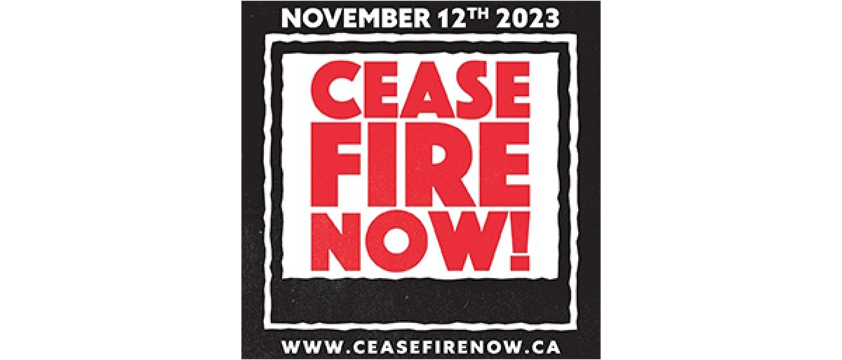 Graphic reads, ceasefire now! In large red font.