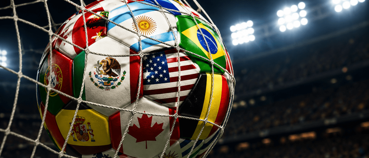soccer ball with country flags going into a soccer net