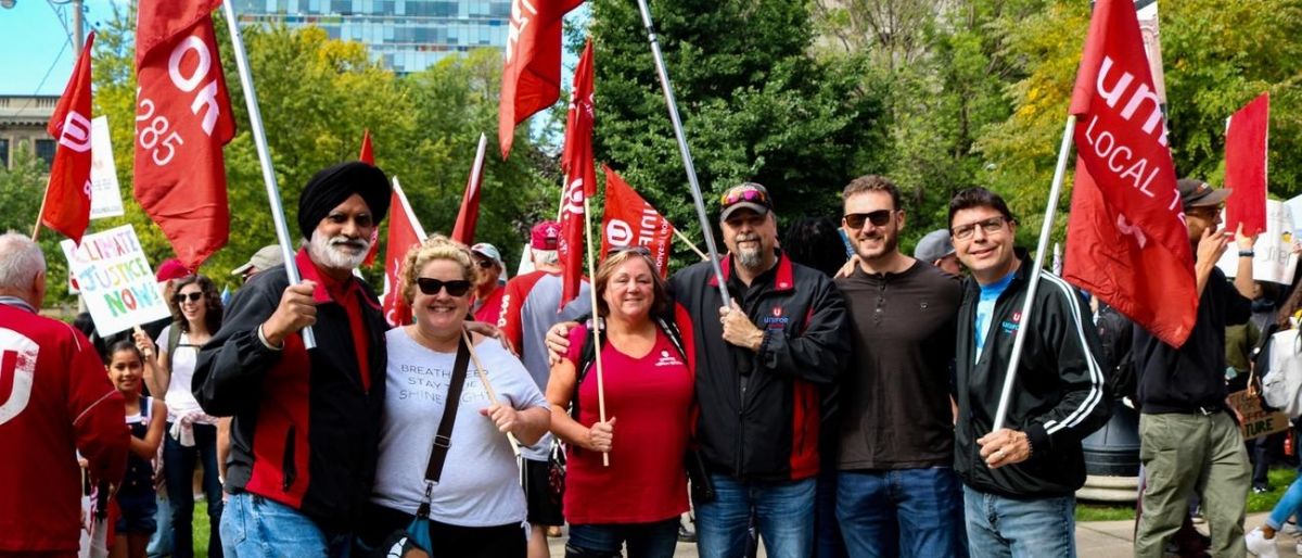 Unifor members participating in a climate action rally.