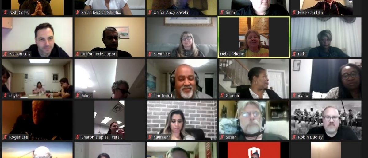 A screen shot of Unifor members participating in an Ontario Area meeting.