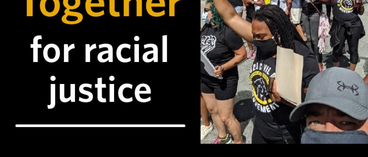 A graphic shows activists at a rally for racial justice with the words "Together for racial Justice. Webinar March 20."