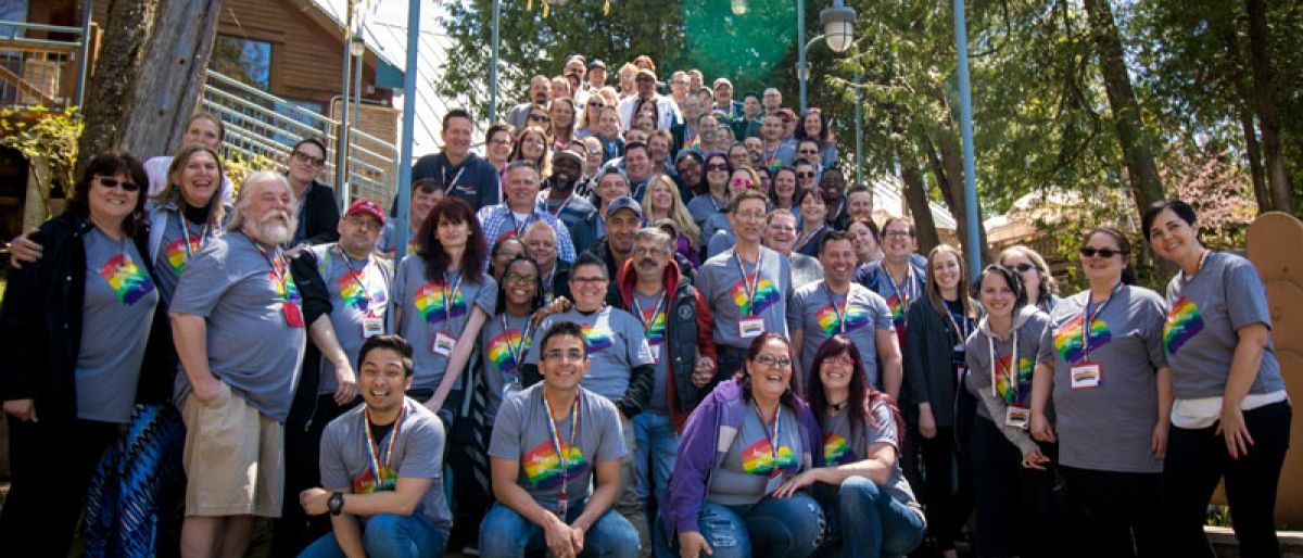 Unifor members at Port Elgin celebrate Pride wearing matching t-shirts.