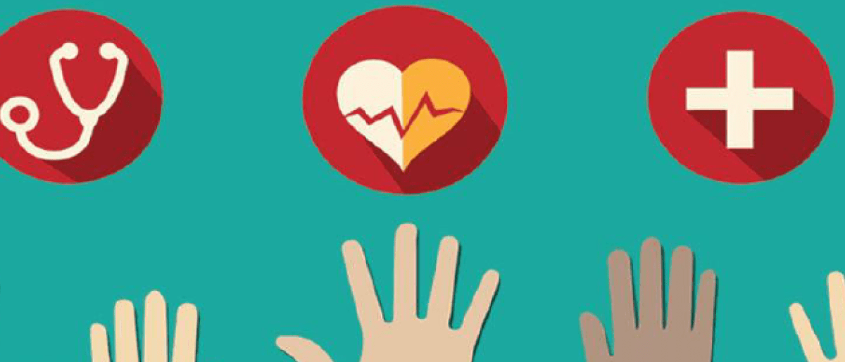 A graphic show hands reaching towards icons of a stethascope, a heart and a medical cross.