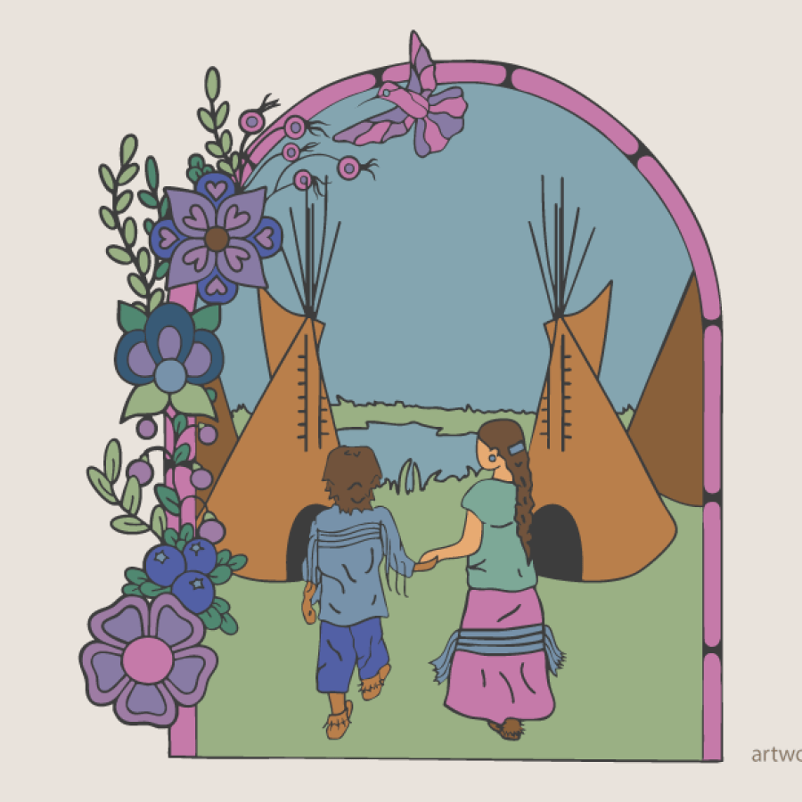 An illustrated scene of two Indigenous youths holding hands near two teepees.