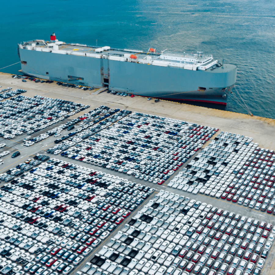 aerial view of vehicles at shipping port 