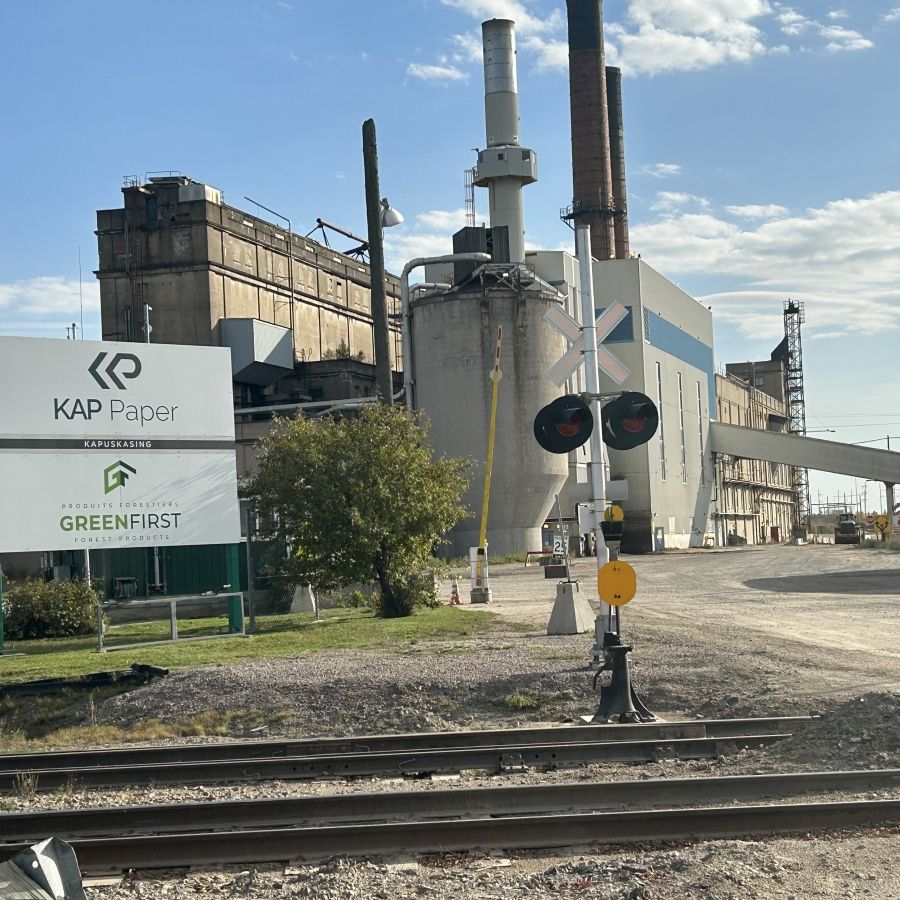 An exterior view of the Kap Paper mill in Kapuskasing, Ontario.