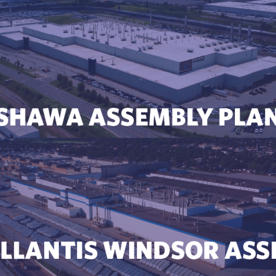 aerials of GM Oshawa Assembly and Stellantis Windsor Assembly plants 